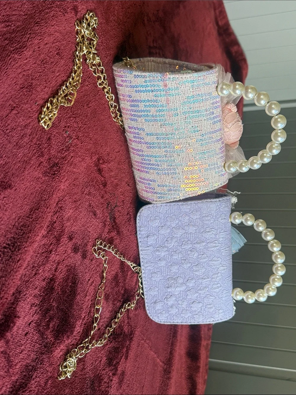 Pink Sequin & Tulle Kids Handbag with Pearl Handle